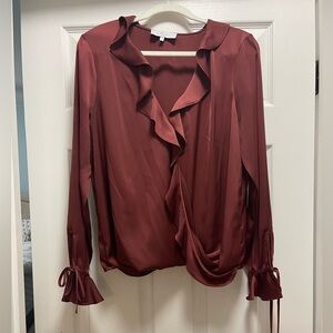 L’Academie Ruffle Front Faux Wrap Tie Sleeve Top, Women’s Size Large